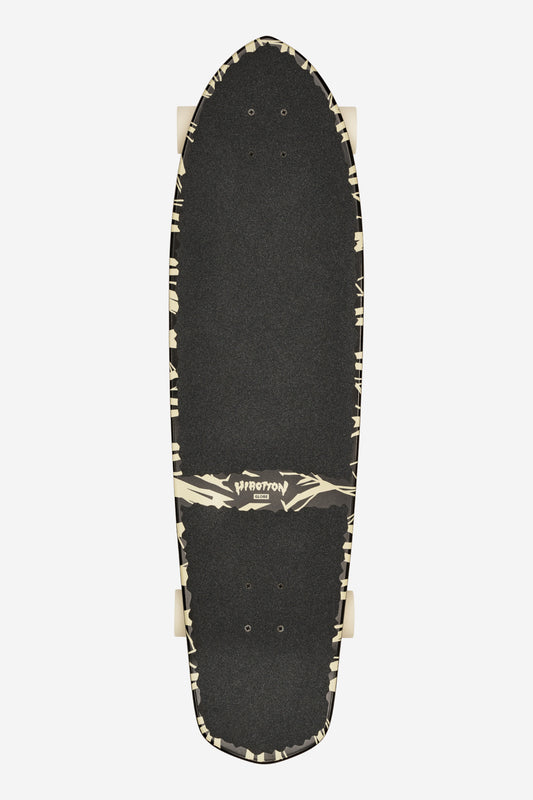 The Blazer XL Longboard 36" - Lazer Eagle features a black wooden deck with rough grip, beige wheels, and a beige-black patterned border. "PROTON" in white with a graphic design spans the center, ideal for smooth cruiser rides.