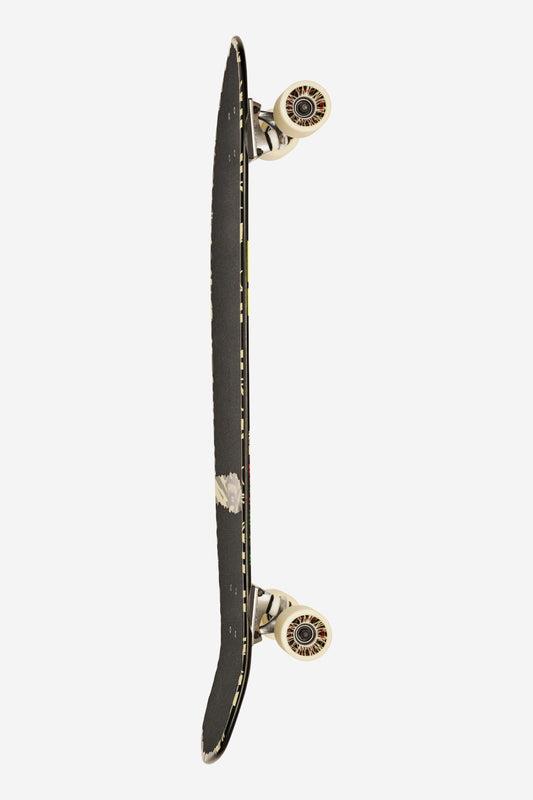 The Blazer XL Longboard 36" - Lazer Eagle is shown from the side, highlighting its slim profile, black grip tape, a worn center spot, and cream-colored wheels with black and red accents.