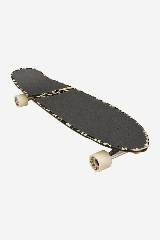 The Blazer Xl Longboard 36" - Lazer Eagle is a black wooden cruiser with textured grip tape, cream zigzag edges, and white wheels, displayed on a plain white background.