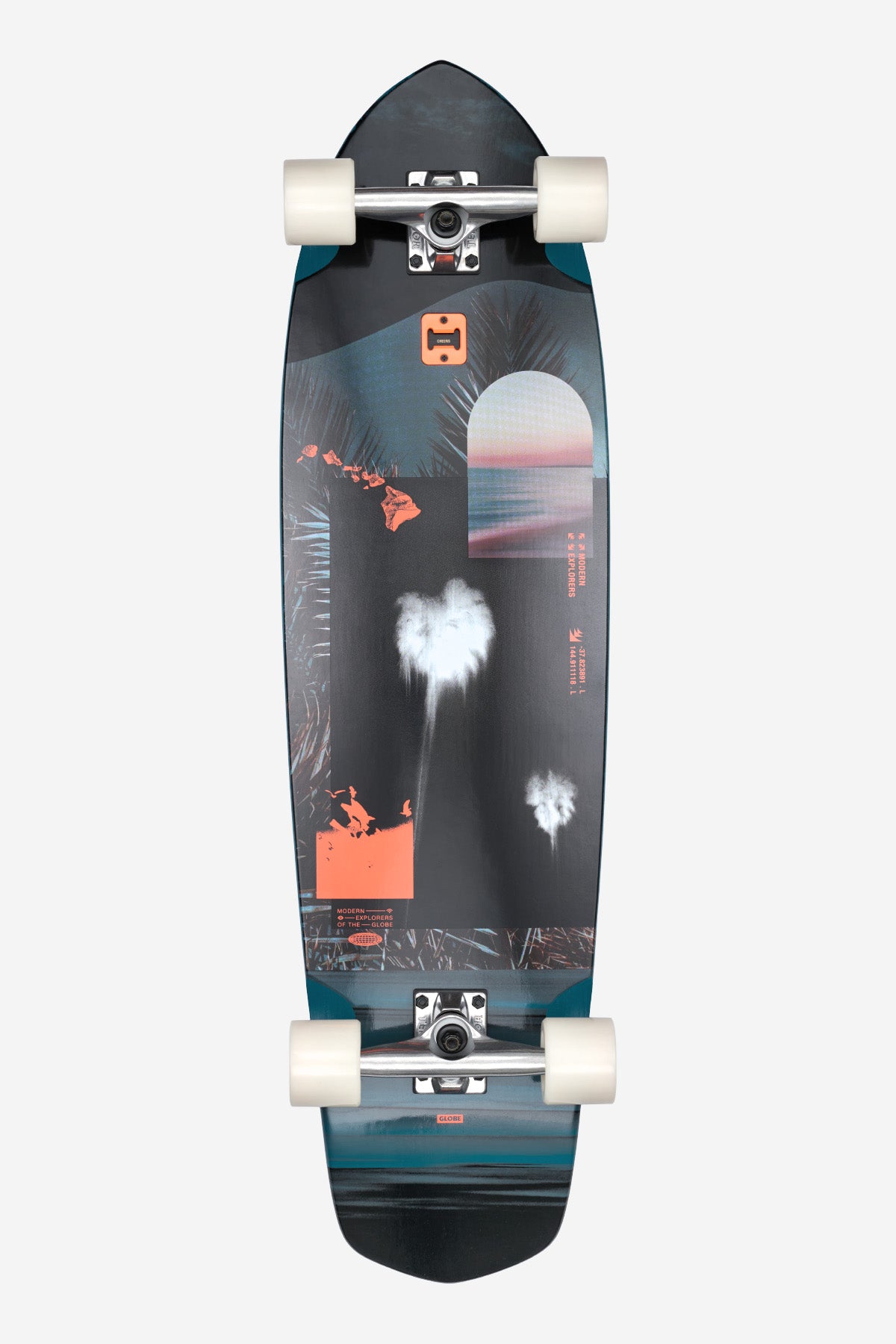 The Blazer XL Longboard 36" - Twilight Expedition is a surf-inspired cruiser with white wheels and a black diamond tail deck, featuring palm trees, a sunset, and map-style graphics in orange, white, and teal on Resin-8 maple.