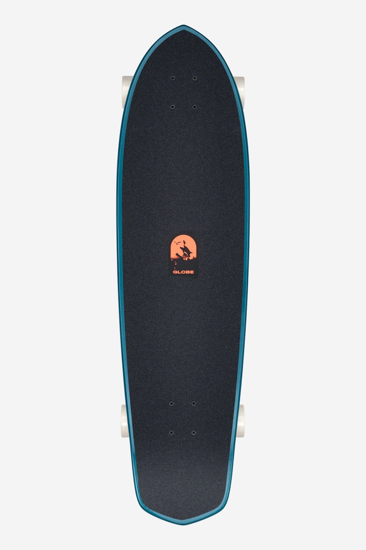 A top-down view of the Blazer XL Longboard 36" - Twilight Expedition, crafted from Resin-8 hard rock maple with blue edges, white wheels, and a small orange surfer logo centered on the deck.