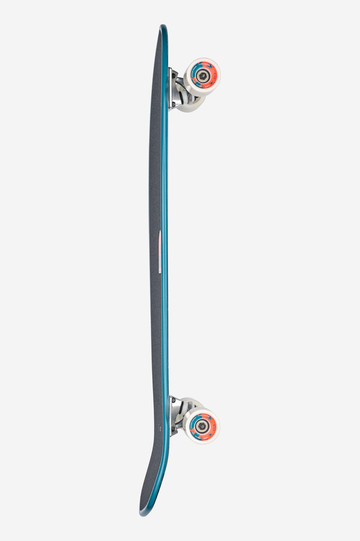 A side view of the Blazer XL Longboard 36" - Twilight Expedition shows its dark diamond tail design with white wheels, a surf-style concave deck made from Resin-8 hard rock maple, and sturdy trucks, set against a plain white background.