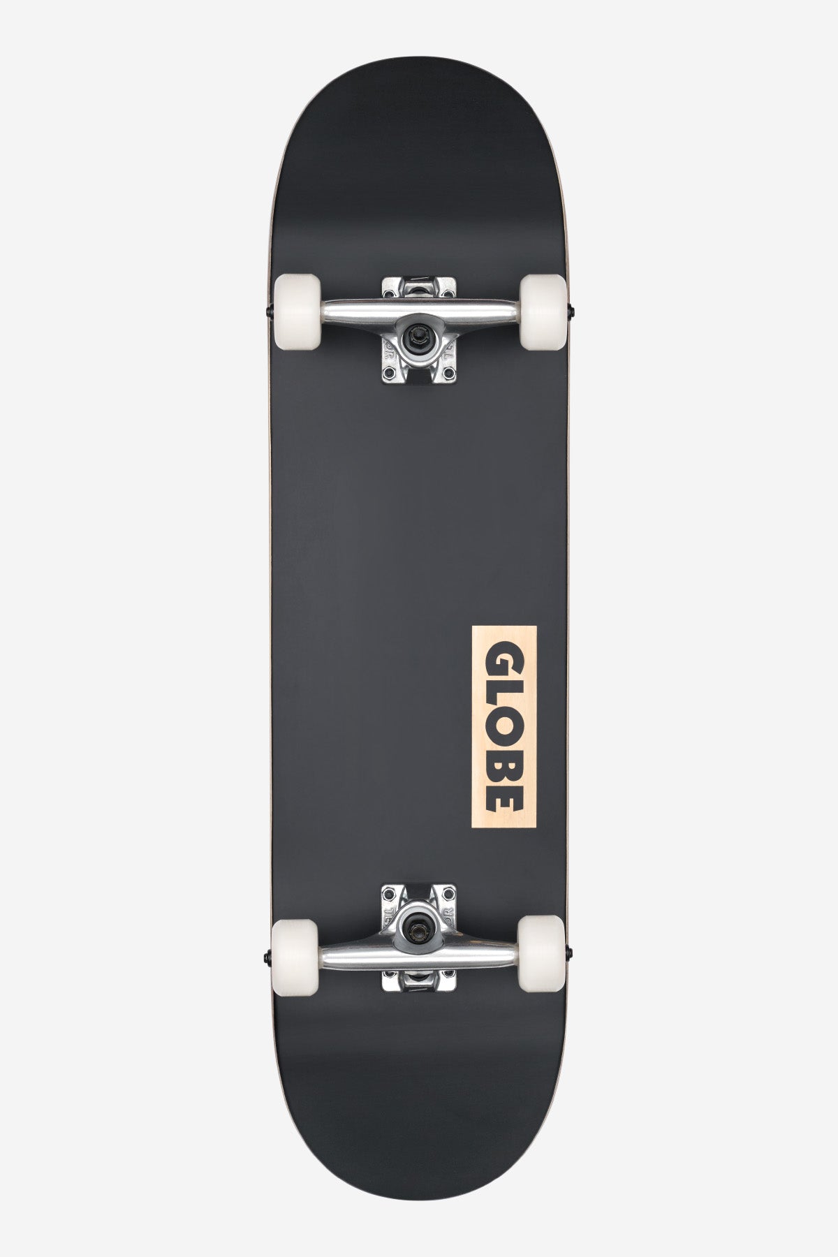 The Goodstock Complete 8.375" - Black skateboard features a black deck with white wheels and metal trucks, seen from above. "GLOBE" appears in bold black letters on a tan rectangle near one end of the board.
