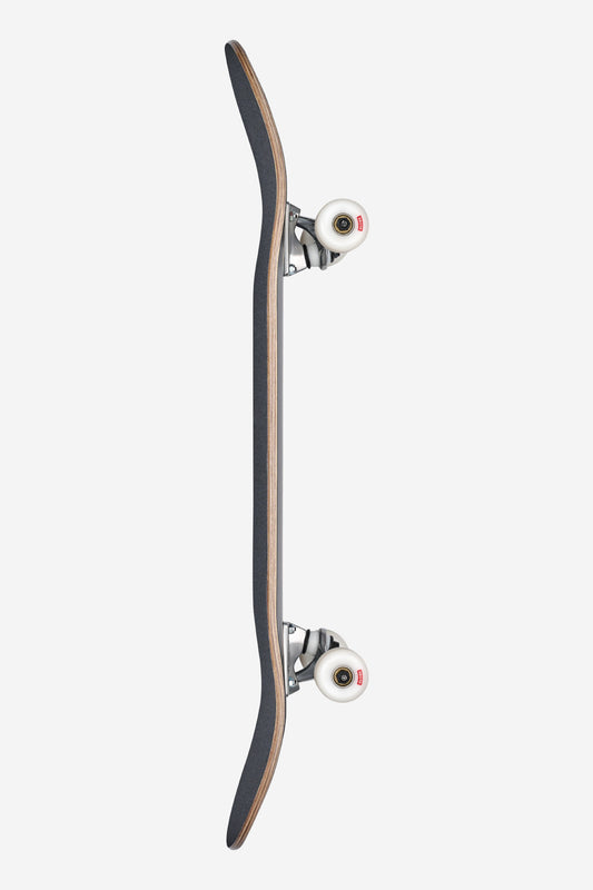 A side view of the Goodstock Complete 8.375" - Black skateboard, featuring black grip tape, silver trucks, and white wheels against a plain white background.