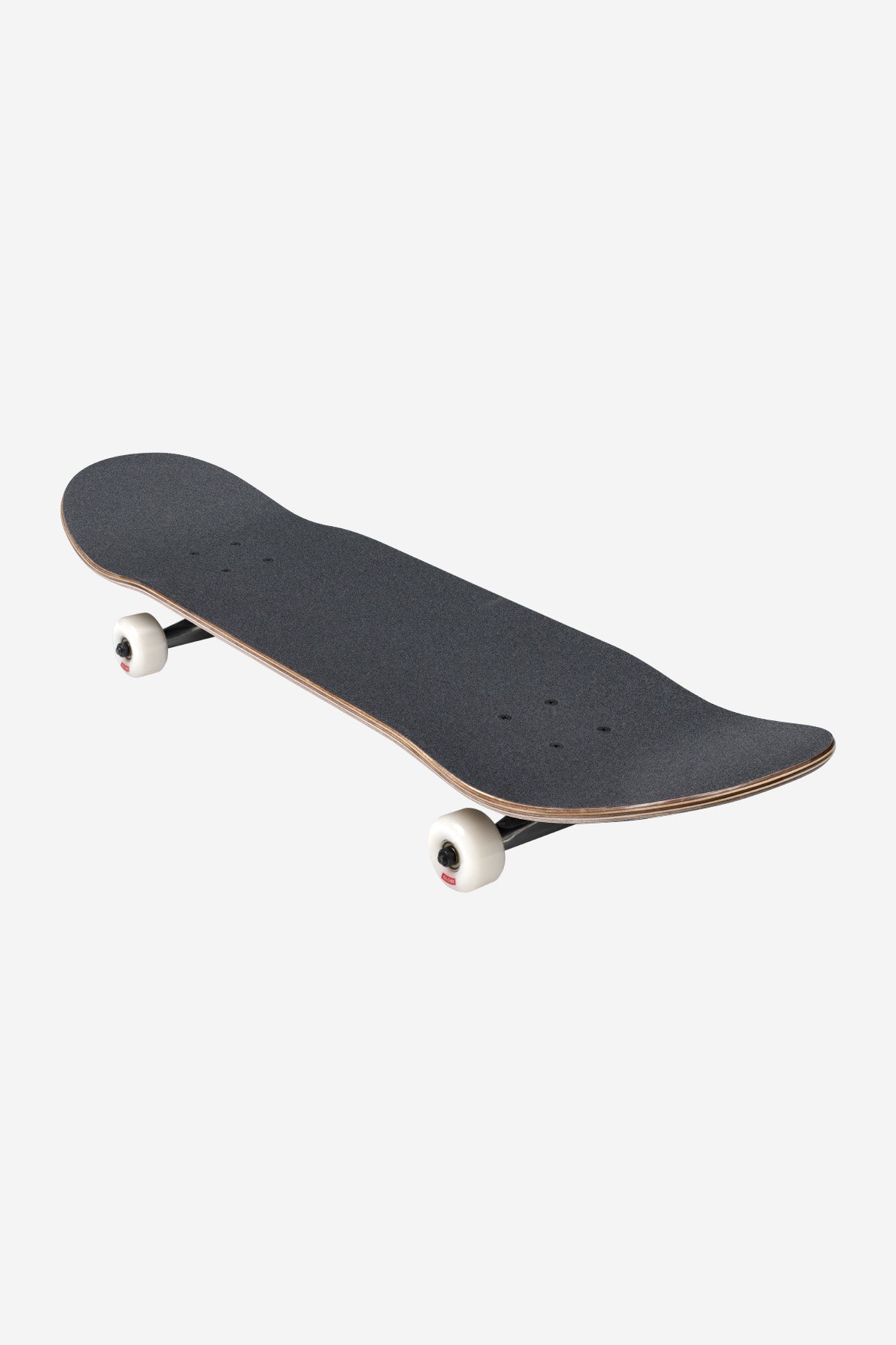 The Goodstock Complete 8.375" - Black skateboard features white wheels and a wooden edge, displayed at an angle against a plain white background.