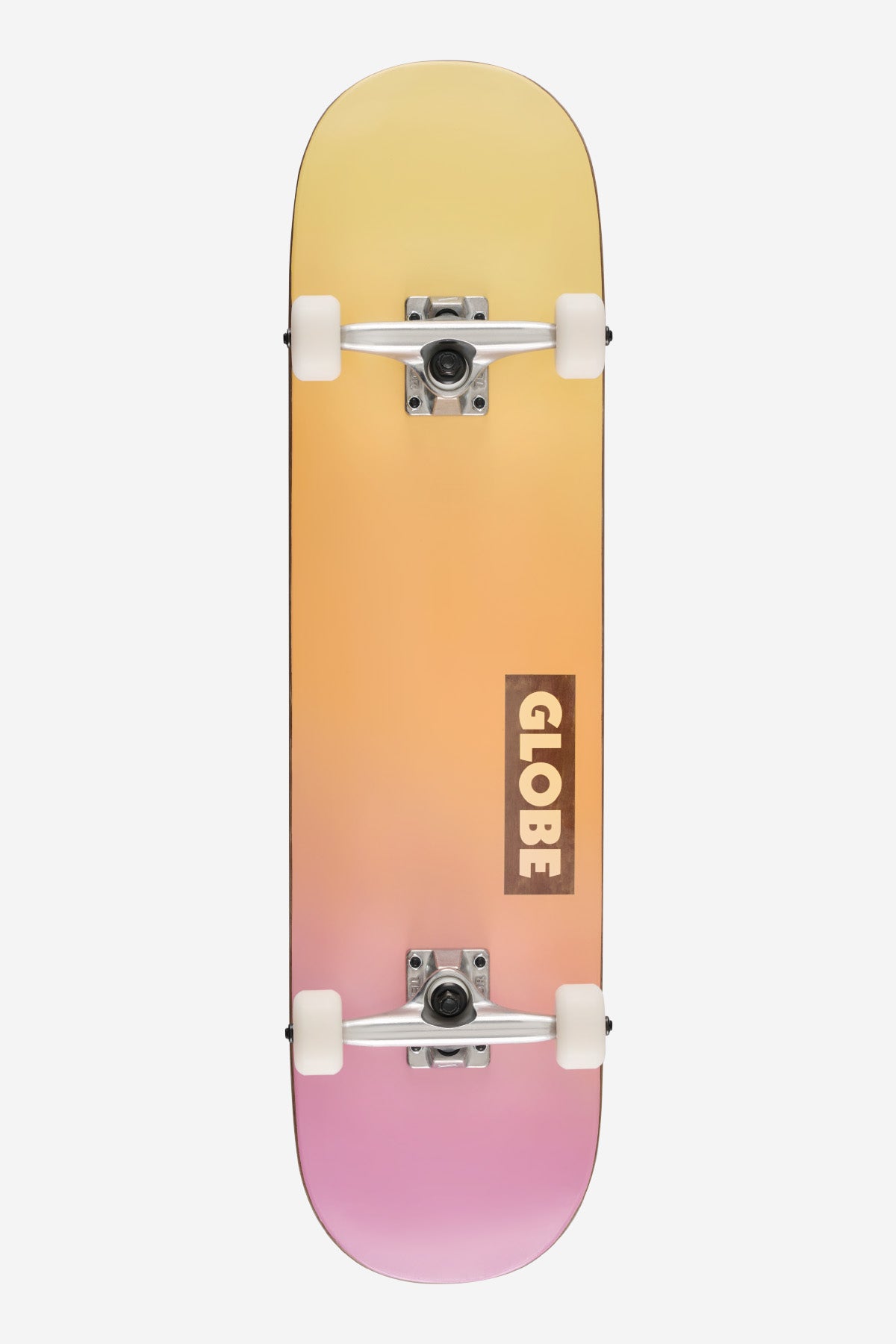 Top-down view of Goodstock Heatwave complete skateboard with gradient yellow to pink deck, white wheels, silver trucks, Globe logo