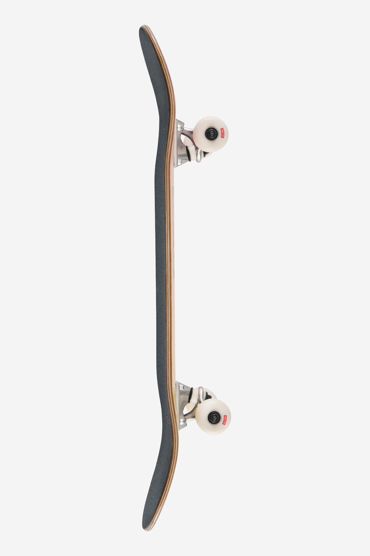 Side view of Heatwave skateboard showing curved deck edge, silver trucks and white wheels