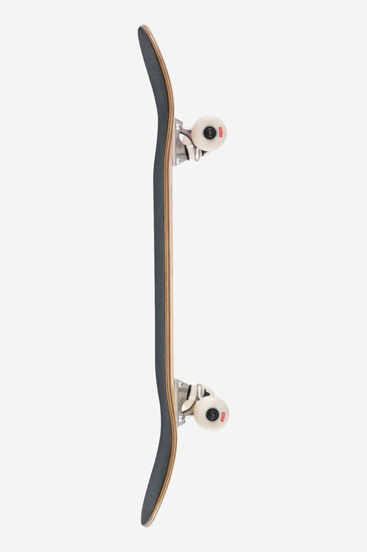Side view of Heatwave skateboard showing curved deck edge, silver trucks and white wheels