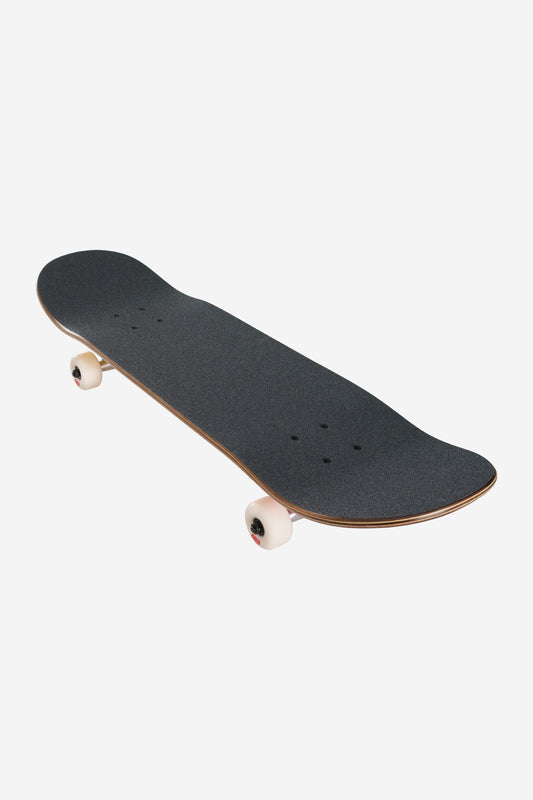 Heatwave 8.0 inch Goodstock complete skateboard deck with gloss black finish, natural wood edge, and white wheels.