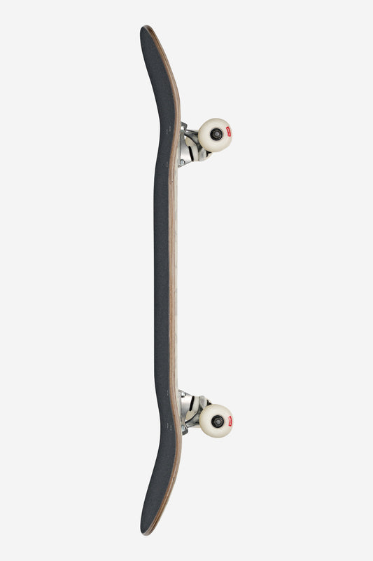 Side view of a Goodstock Vintage White Camo complete skateboard with cream trucks and white wheels