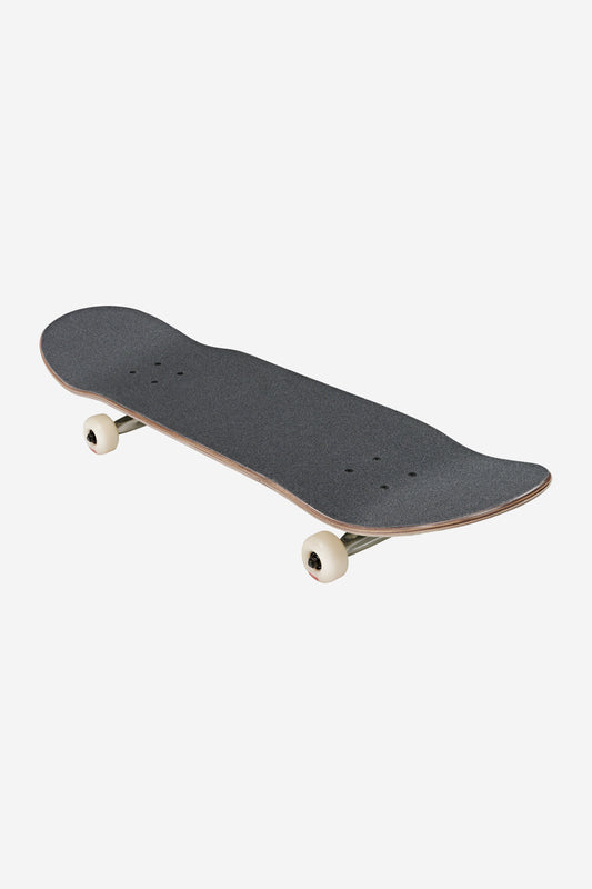 Three-quarter view of a Vintage White Camo Goodstock complete skateboard with cream trucks and white wheels