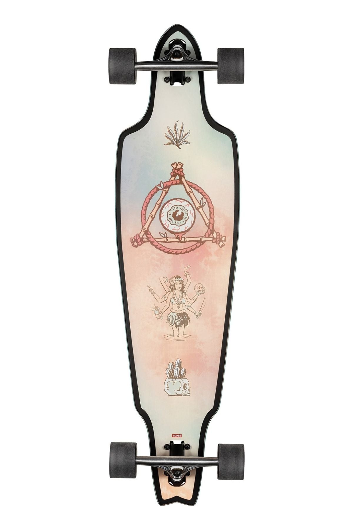 Top-down view of Prowler Classic longboard with cutaway wheel wells grey marbled deck printed grip tape and red Globe logo.
