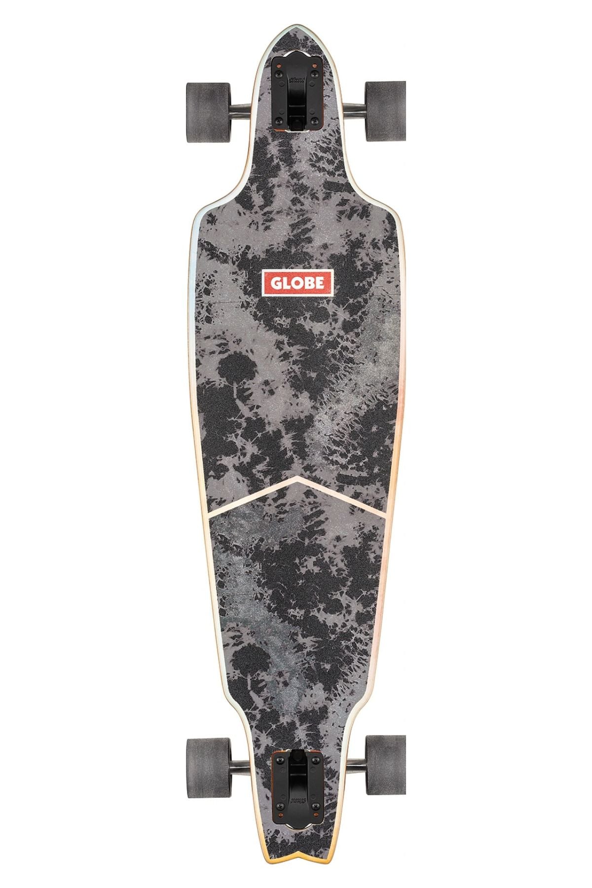 Top-down view of Prowler Classic longboard with dark marbled deck and red Globe logo.