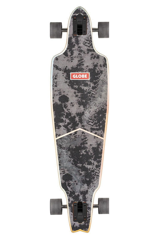 Top-down view of Prowler Classic longboard with dark marbled deck and red Globe logo.