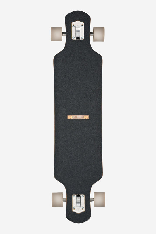 A top-down view of the Geminon 40 Rock Longboard 40" - Mediterranean, featuring a black symmetrical rectangular deck, drop-through trucks, and light-colored wheels, displayed on a white background.