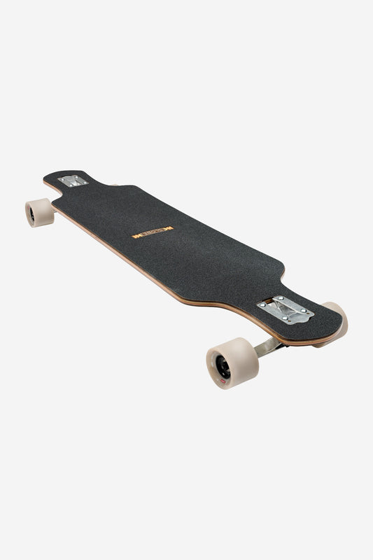 The Geminon 40 Rock Longboard 40" - Mediterranean features a black symmetrical design with a wooden edge, drop-through trucks, and white wheels, displayed on a plain white background.
