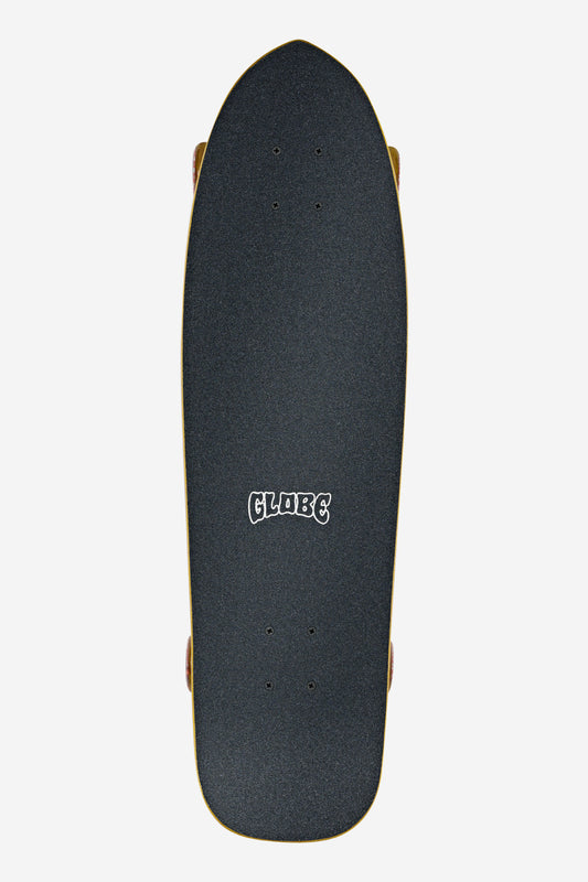 The Tracer Neue Cruiserboard 31" - Explorer features a black, wide, rounded deck with “GLOBE” in white at the center, Tensor ATG trucks, visible grip tape, and wheels just peeking from beneath.