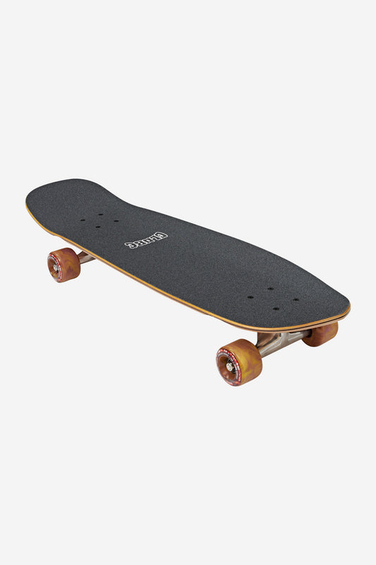 The Tracer Neue Cruiserboard 31" - Explorer features a black deck with a wooden edge, black grip tape, red wheels, and high-speed Tensor ATG trucks, displayed on a white background.