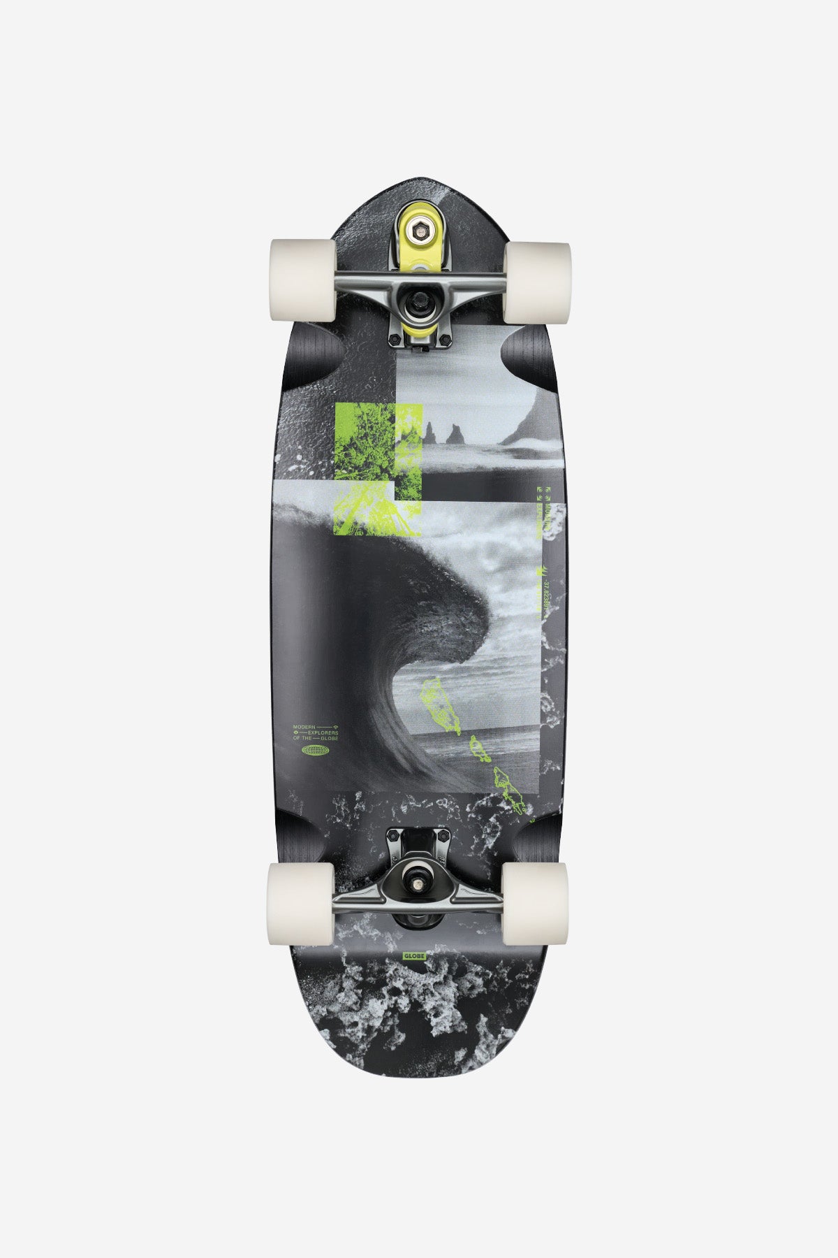 The Frothy Surf Skate Boards 30" - Mission features white wheels, a black and gray deck with a wave design, yellow-green geometric accents, and textured patterns at the nose and tail.