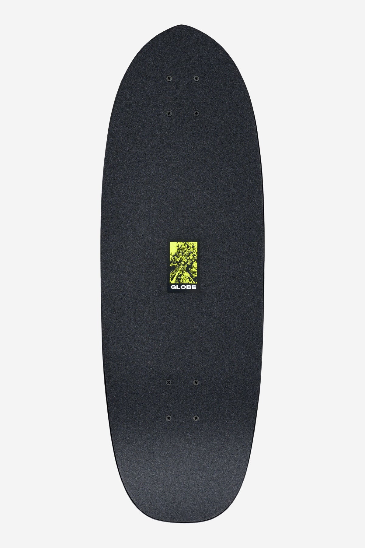 The Frothy Surf Skate Boards 30" - Mission features a black deck with rounded nose and tail, a small yellow and green Globe logo graphic at the center, and grip tape covering the entire top surface.