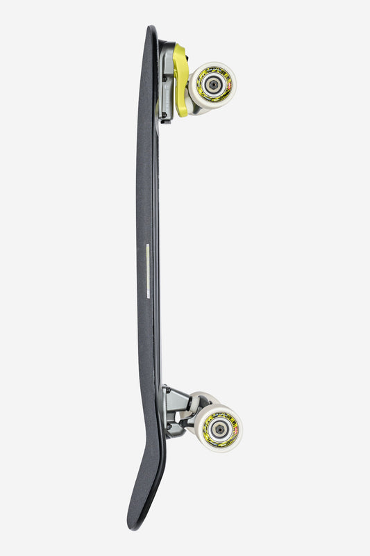 The Frothy Surf Skate Boards 30" - Mission is shown from the side on a white background, featuring a black deck with an upward curve at the nose and tail, yellow wheels, and silver trucks.