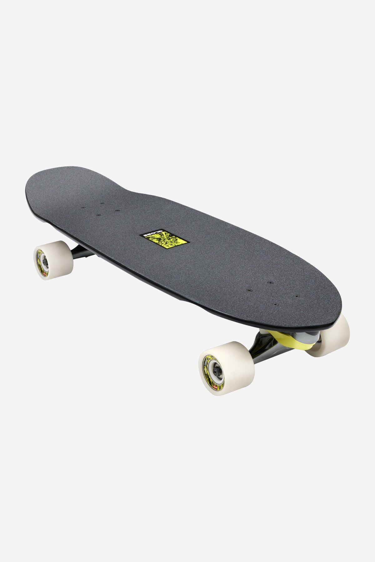 The Frothy Surf Skate Boards 30" - Mission features a black deck with white wheels, textured grip tape, and a small colorful center logo, shown angled from above on a plain white background.