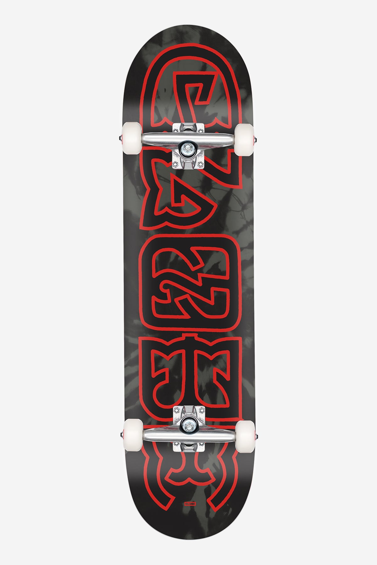 Top view of an 8.0 inch complete skateboard with a black dye deck featuring a bold red outlined logo and mounted silver trucks with white wheels.