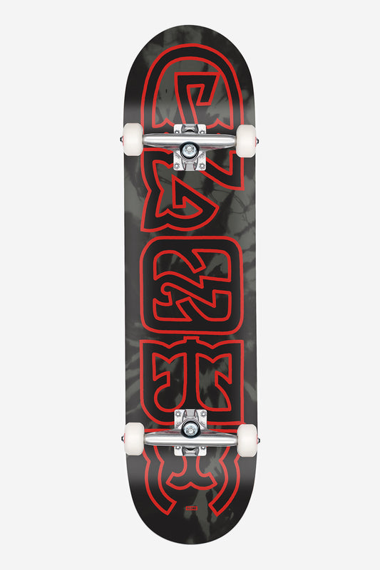 Top view of an 8.0 inch complete skateboard with a black dye deck featuring a bold red outlined logo and mounted silver trucks with white wheels.