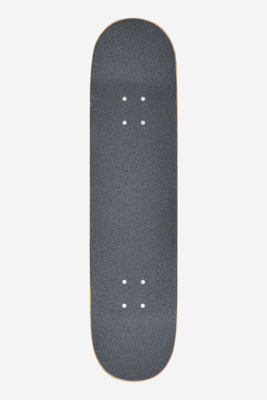 Top view of G0 Heyman Complete 8.0 skate board deck with dark speckled grip and natural wood edge