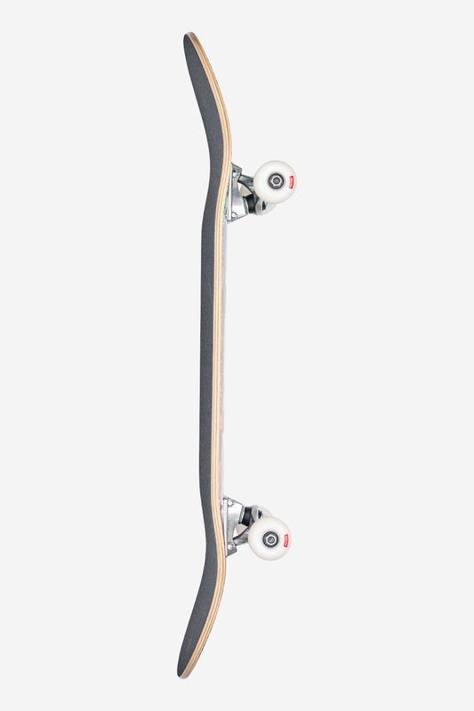 The G0 Heyman Complete 8.5" - Psychodelic skateboard is shown from the side, featuring black grip tape, layered wooden deck, and white wheels, all set against a plain white background.