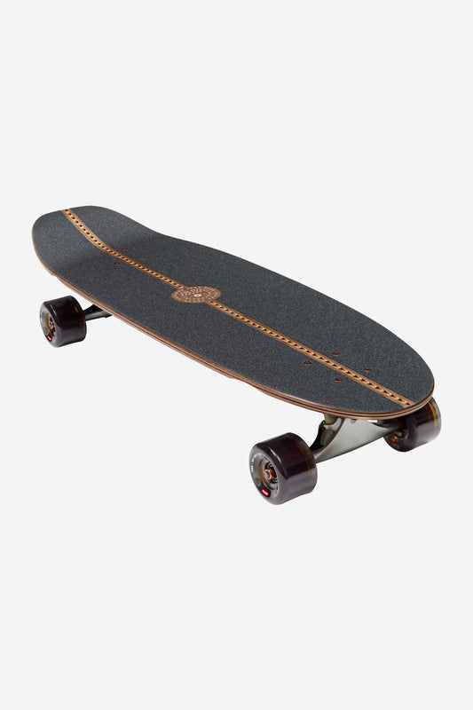 The Coaster Cruiserboard 31" - Mirage features a black deck with a wooden edge, brown center stripe, patterned design, silver trucks, and dark wheels, displayed on a white background.