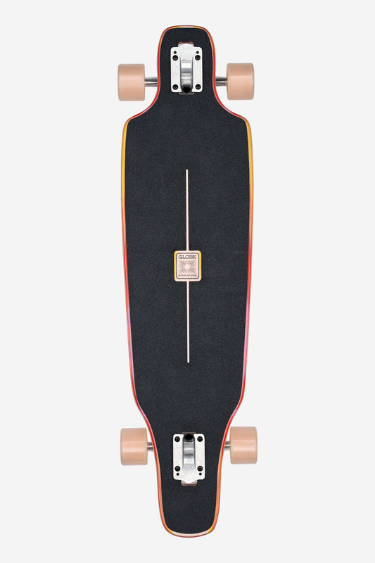 The Outlier Longboard 36" - Scorch features a black deck with wooden edges, beige wheels, and a rectangular center logo on the grip tape, displayed top-down against a white background.