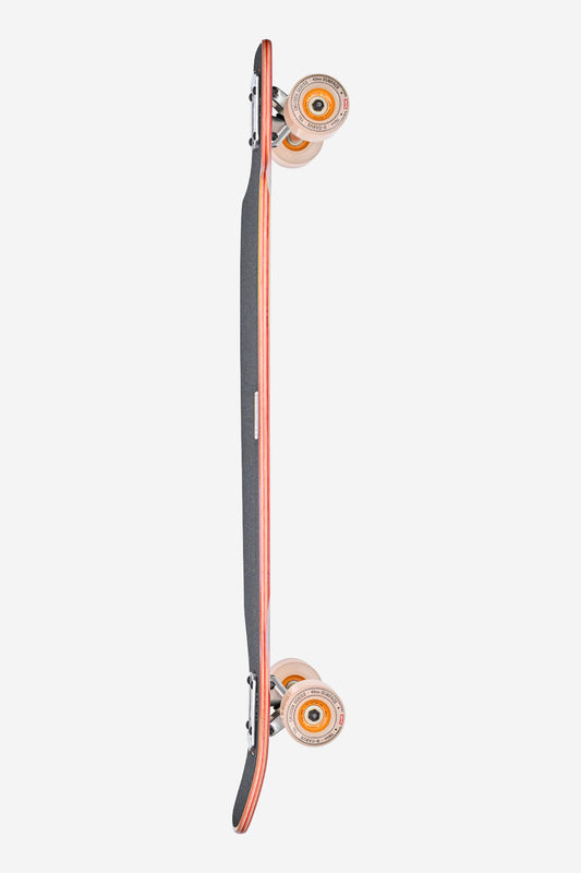 The Outlier Longboard 36" - Scorch features orange wheels, metal trucks, a black grip-tape surface with wooden edges, and a subtle concave deck with upward-curved ends, as seen from the side.