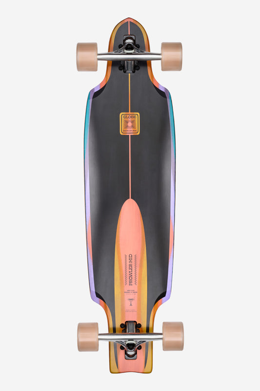 The Prowler Mid Longboard 34" - Sunstone features a colorful deck with black, orange, and purple gradients, tan wheels, and metallic trucks, shown from above on a white background.
