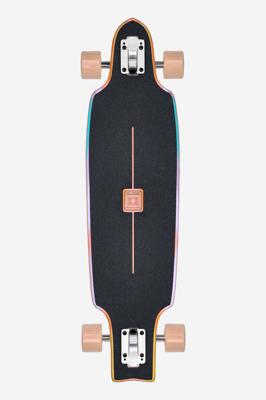 A top view of the Globe Prowler Mid Longboard 34" - Sunstone shows black grip tape with a centered orange line, beige wheels, and colorful edges. The Globe logo appears at the center of the board.