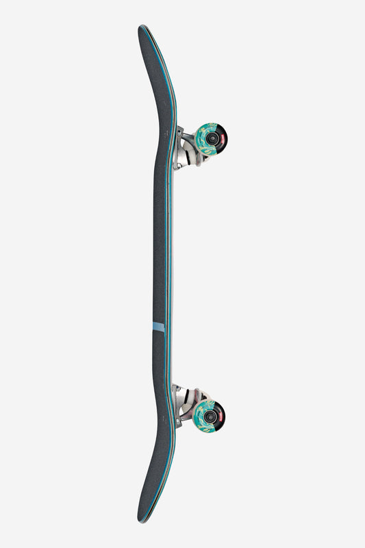Top view of the G1 Mind Expansion Complete 8.25" in Black/Green, featuring a black deck with teal accents, trucks, and translucent green wheels on a plain white background.