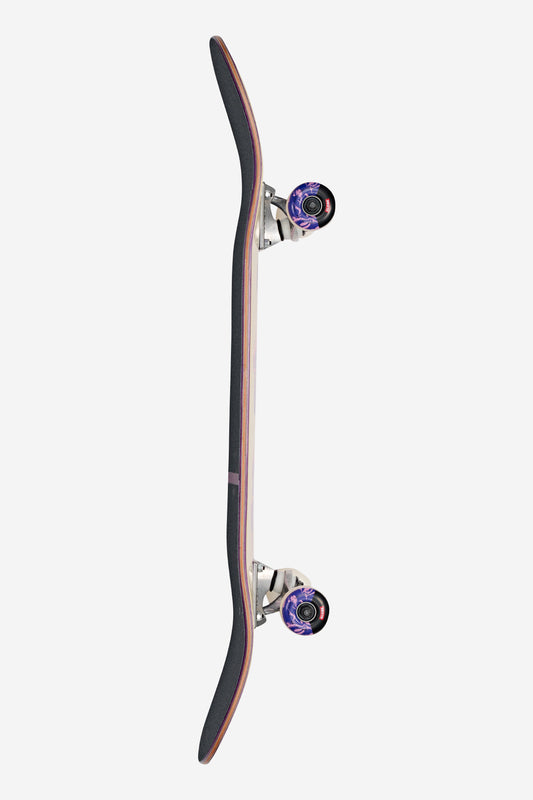 A side view of the G1 Mind Expansion Complete 8.5" skateboard in Off-White/Purple, featuring its curved deck, metal trucks, and purple translucent wheels against a white background.