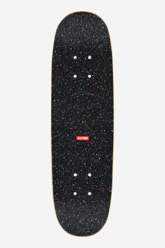 A Kids Softie Micro Complete 7.125" - Cacti Guy skateboard deck with a black base, multicolored speckles, and a red GLOBE logo in the center, shown from above on a white background.