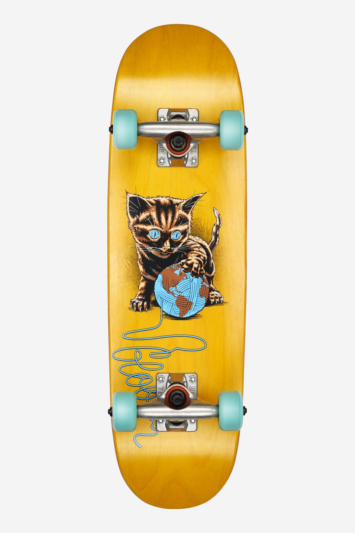 Top view of a yellow kids skateboard with a playful cat graphic reaching for a blue yarn ball and turquoise wheels