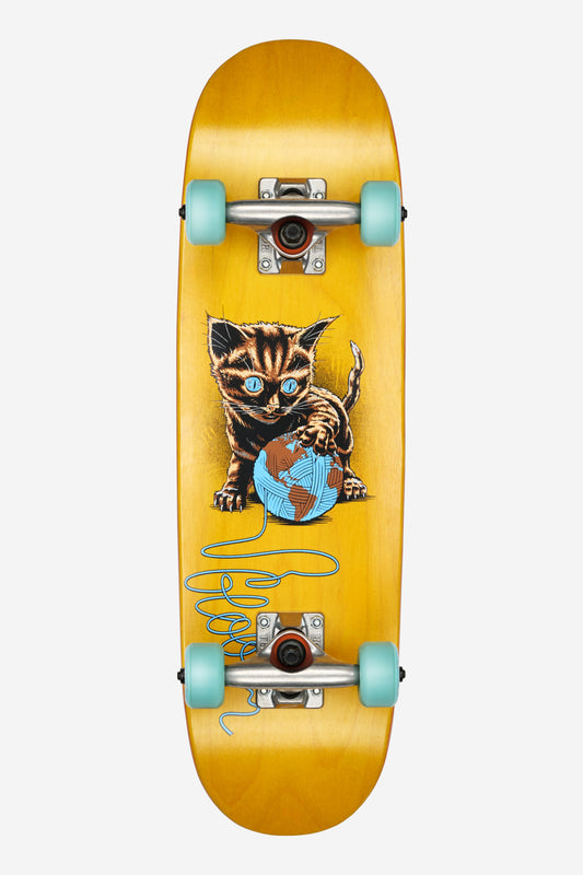 Top view of a yellow kids skateboard with a playful cat graphic reaching for a blue yarn ball and turquoise wheels