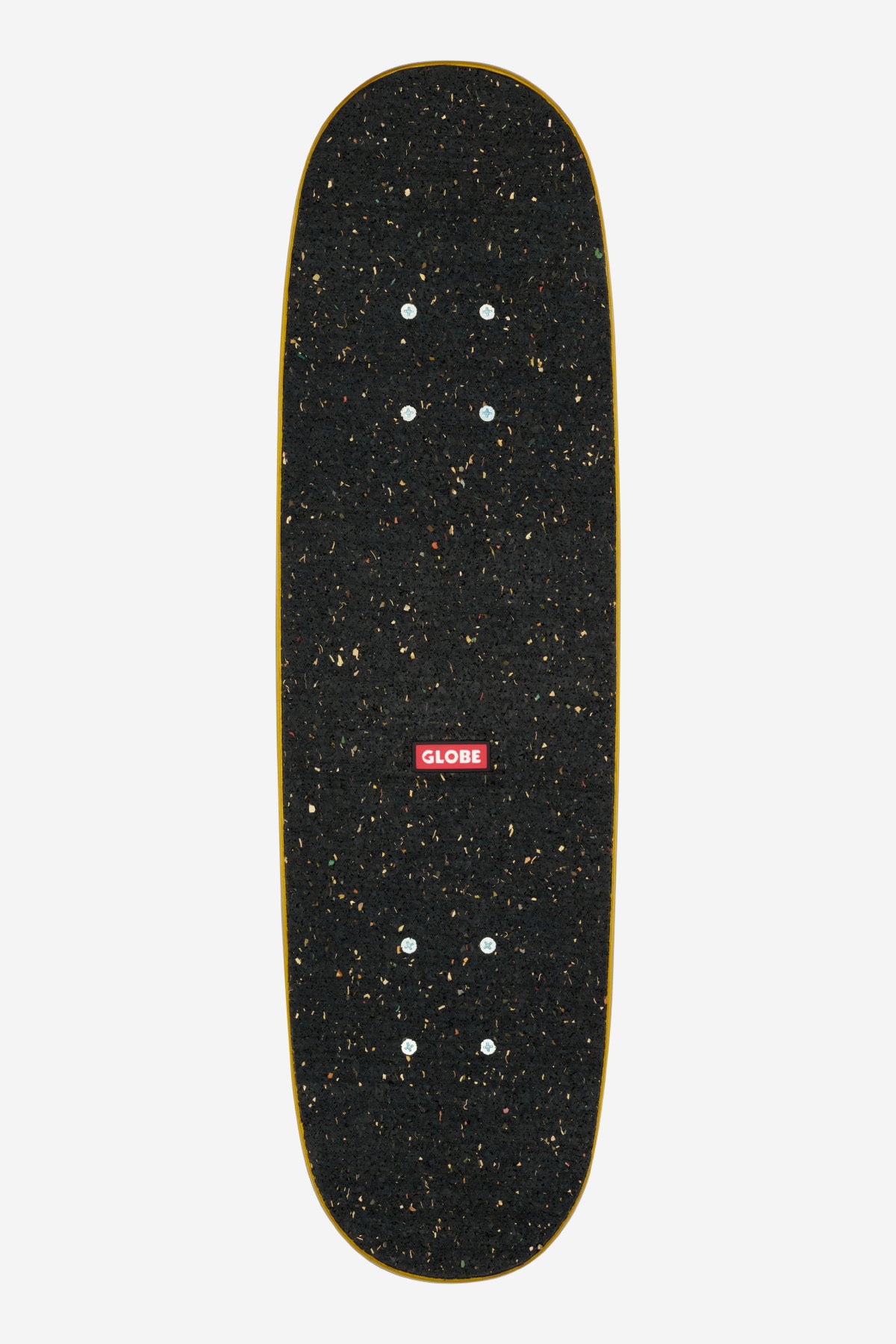 Close-up of black speckled grip tape on the yellow deck with a red Globe logo