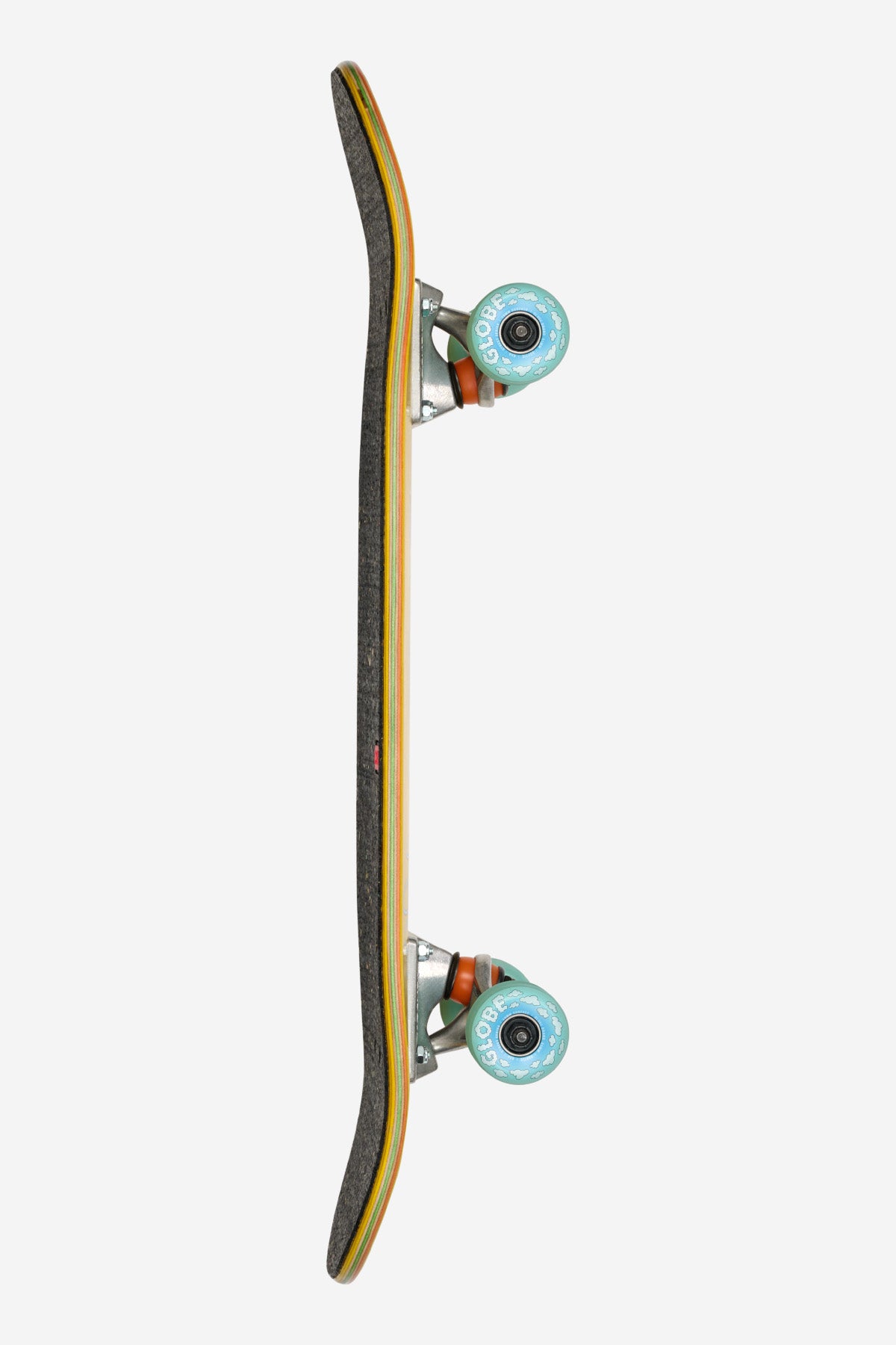 Side view of a yellow edged deck with black speckled grip and turquoise wheels