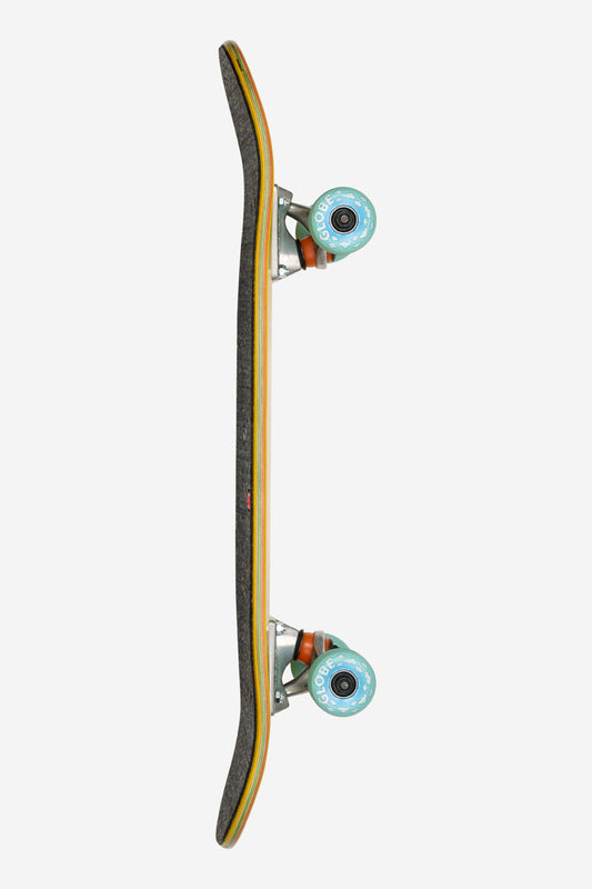 Side view of a yellow edged deck with black speckled grip and turquoise wheels