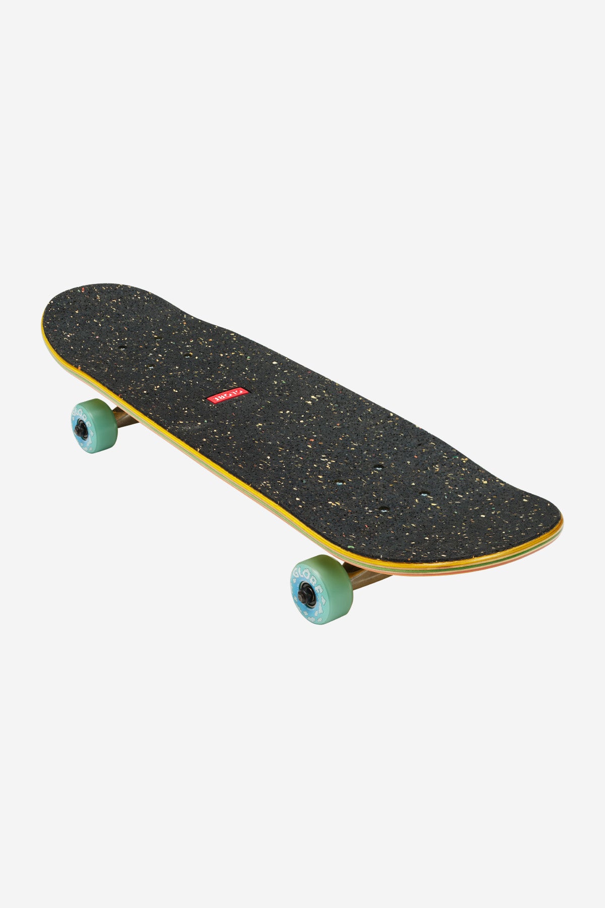 Kids Softie Micro complete skateboard with speckled black deck yellow edge and turquoise wheels