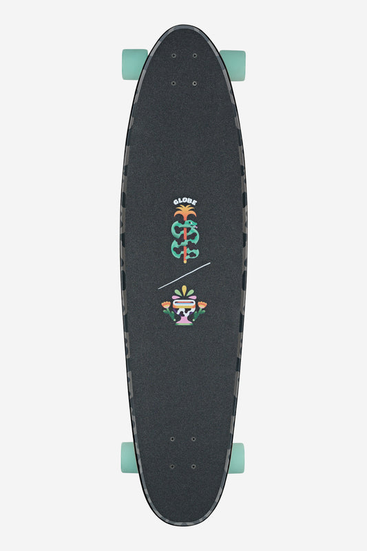 The Archer Longboard 39" - Daybreak is a black skateboard with light blue wheels, vibrant abstract graphics, and “GLOBE” in white on the deck.