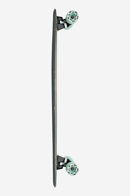 A top-down view of the Archer Longboard 39" - Daybreak, displayed from the side to highlight its slim profile and teal wheels against a light gray background.