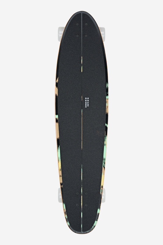 Top view of the Bender Longboard 41" - Storm Rover featuring a black grip tape deck and multicolored patterned edges. Four white wheels are partially visible against a plain white background.