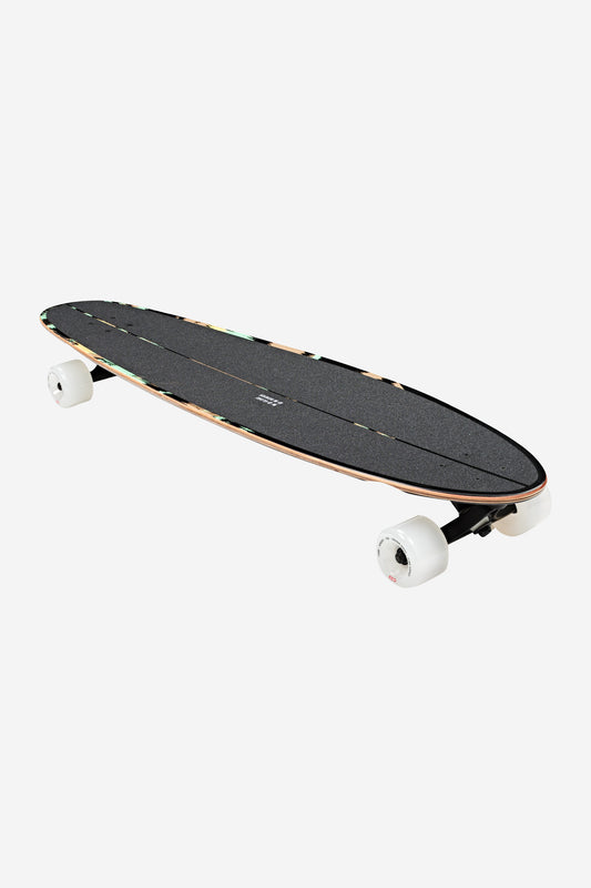 The Bender Longboard 41" - Storm Rover features a black grip tape surface, white wheels, and a natural wood edge, displayed against a plain white background.