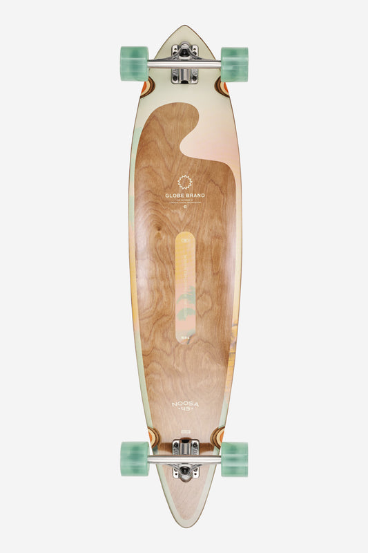 Top view of Noosa Longboard 43 Afterglow with a wood grain deck and mint wheels