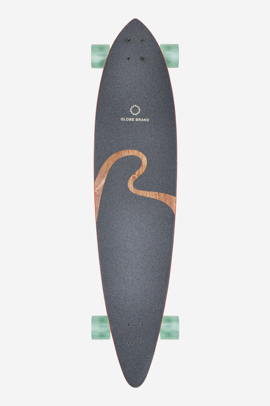 Noosa Longboard 43 Afterglow deck close up showing navy glitter finish copper graphic and mint wheels
